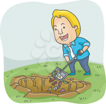 Illustration of a Man Adding Biodegradable Waste to His Compost Pit