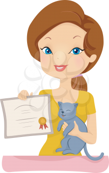 Illustration of a Proud Woman Holding the Certificate Awarded to Her Pet Cat 