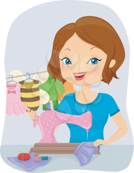 Illustration of a Pretty Woman Sewing Baby Costumes