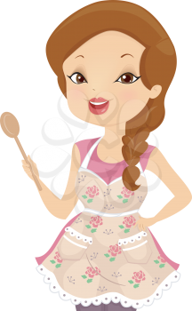 Illustration of a Girl Wearing a Shabby Chic Themed Apron Holding a Wooden Ladle