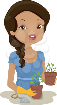 Illustration of a Girl Holding Pots of Plants on Both Hands