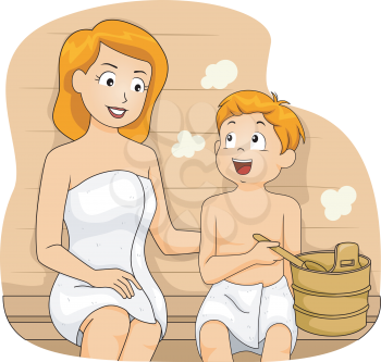 Illustration of a Mother and a Son Bonding in a Sauna