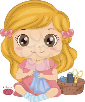 Illustration of a Cute Little Girl Sewing a Piece of Fabric
