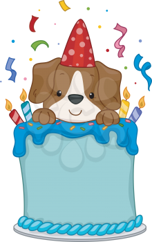 Illustration of a Cute Dog Sitting on a Birthday Cake