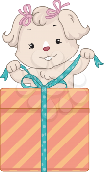 Illustration of a Cute Dog Opening a Birthday Gift