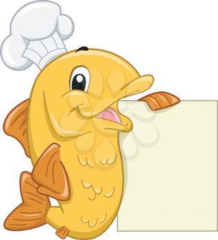 Mascot Illustration Featuring a Fish Wearing a Toque Leaning Against a Blank Menu Board
