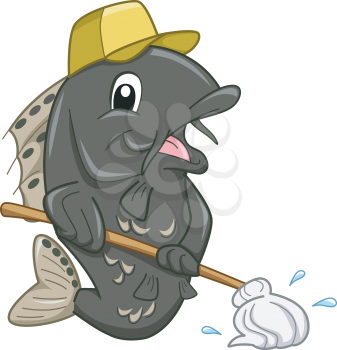 Mascot Illustration of a Janitor Fish Mopping the Floor