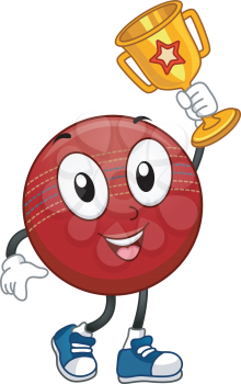 Mascot Illustration Featuring a Cricket Ball Holding a Golden Trophy