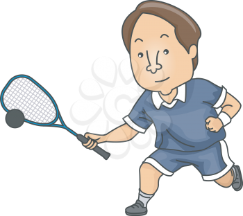 Illustration of a Squash Player Hitting the Ball