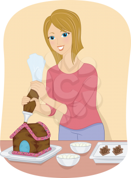 Illustration Featuring a Girl Decorating a Gingerbread House