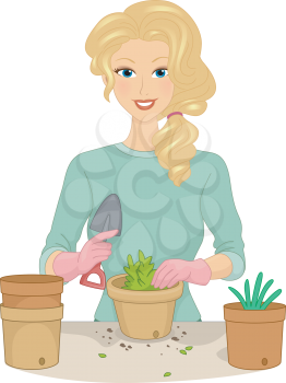Illustration Featuring a Girl Planting Plants in a Pot