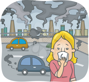 Illustration Featuring a Woman in a Polluted City Covering Her Nose
