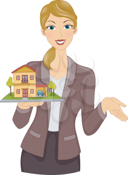 Illustration Featuring a Real Estate Agent Holding a Model House and Lot