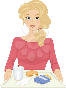Illustration Featuring a Woman Sitting in Front of a Tray Filled with Fastfood