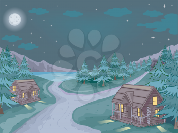 Illustration Featuring Log Cabins with the Starry Sky As Its Backdrop
