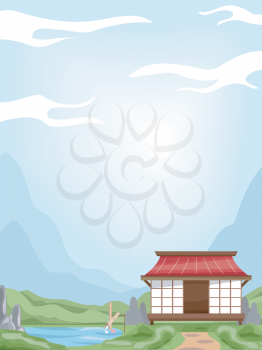 Background Illustration Featuring a House With an Oriental Design