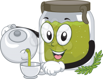 Mascot Illustration Featuring a Canister of Organic Tea Pouring Tea Into a Cup