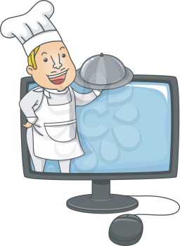 Illustration of a Chef Popping Out of a Computer Monitor