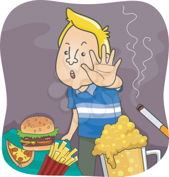 Illustration Featuring a Man Saying No to Unhealthy Food and Common Vices