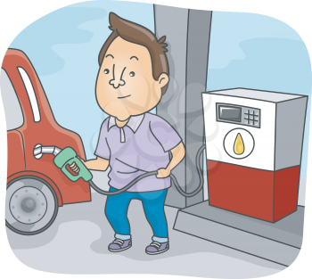 Illustration Featuring a Man Filling His Car's Tank with Fuel