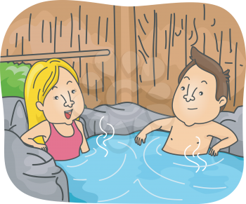 Illustration Featuring a Couple Enjoying a Bath in a Hot Spring