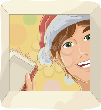 Illustration Featuring a Guy Opening His Christmas Gift Excitedly
