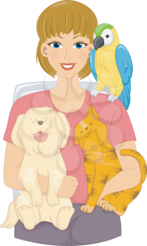 Illustration Featuring a Girl Surrounded by Pets