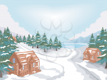 Illustration Featuring a Log Cabin Village in Winter