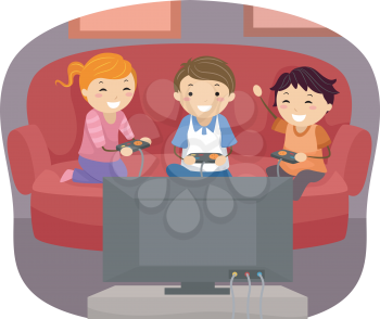 Illustration of Kids Playing Video Games in the Living Room