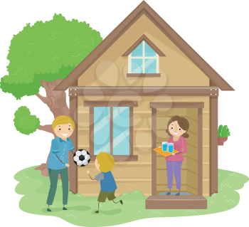 Illustration of a Family Bonding Together in the Front Yard of Their Tiny House