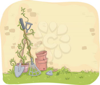 Illustration of Garden Tools Leaning Against a Wall