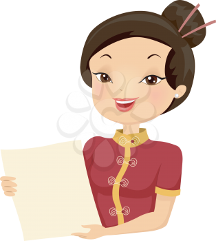 Illustration of a Female Chinese Restaurant Employee Holding a Menu