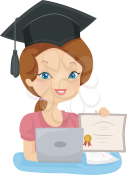 Illustration of a Female Distance Education Graduate Showing Her Diploma