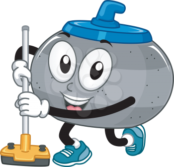 Mascot Illustration of a Curling Stone Holding a Curling Broom