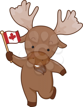 Mascot Illustration of a Moose Holding a Canadian Flag