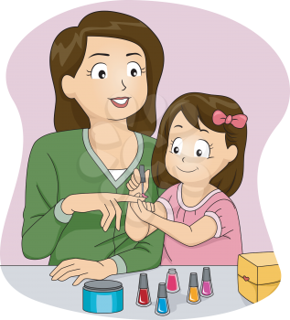 Illustration of a Mother Letting Her Daughter Apply Nail Polish on Her Nails