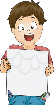 Illustration of a Little Boy Holding a Blank Drawing Board