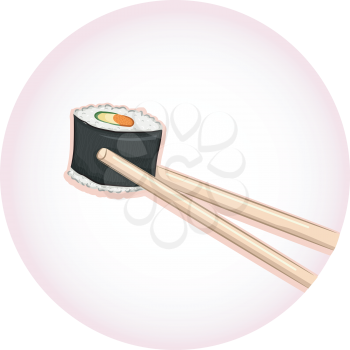 Illustration of a Pair of Chopsticks Holding a Piece of Sushi