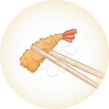 Illustration of a Pair of Chopsticks Holding a Piece of Tempura
