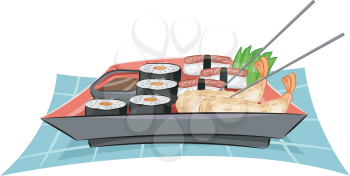 Illustration of a Platter Full of Tempura, Sushi and California Maki