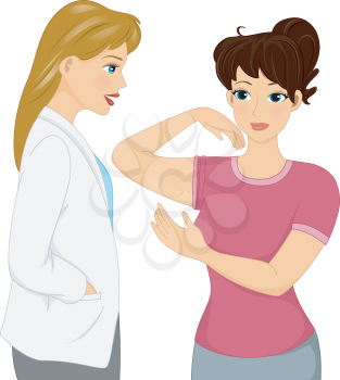 Illustration of a Woman Showing Her Flabby Arms to Her Cosmetic Surgeon