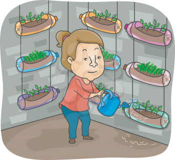 Illustration of a Woman Watering the Plants in Her Vertical Garden