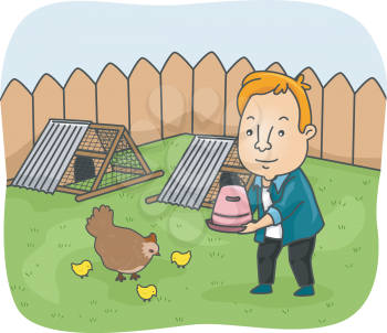 Illustration of a Man Feeding the Chickens in His Backyard