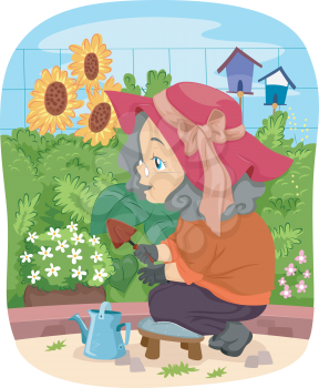 Illustration of a Senior Citizen Tending to Her Garden