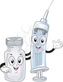 Mascot Illustration of a Syringe and a Vial of Drugs
