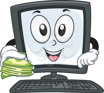 Mascot Illustration of a Computer Monitor Holding a Stack of Cash