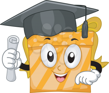 Mascot Illustration of a Gift Wearing a Graduation Cap and Holding a Diploma