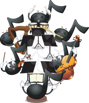 Mascot Illustration of Musical Notes Playing in an Orchestra