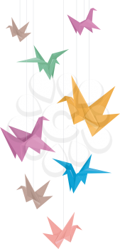 Illustration of Paper Cranes of Different Colors Hanging from Strings