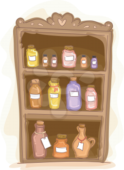 Illustration of a Wooden Shelf Filled with Essential Oils